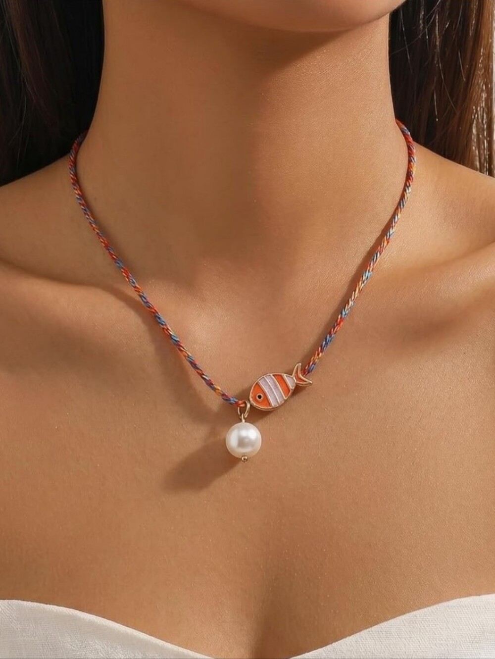 Orange Striped Fish Pendant Necklace with Pearl Accent